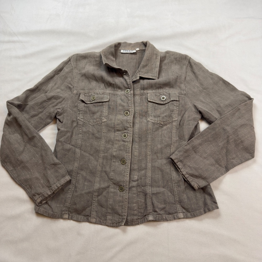 Cassis‎ 100% Linen Button Front Utility Top Taupe Size 38 Lagenlook Lightweight